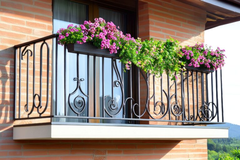 Balkon mit schwarzem Schmiedeeisen-Geländer und bepflanztem Balkonkasten mit pinken Blumen