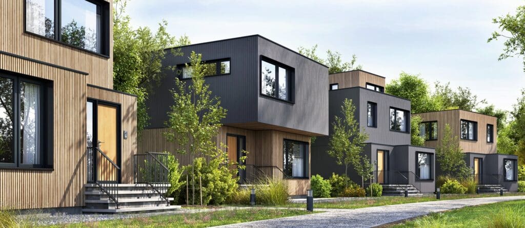 Moderne Reihenhäuser - Mooswand und Holzfassade