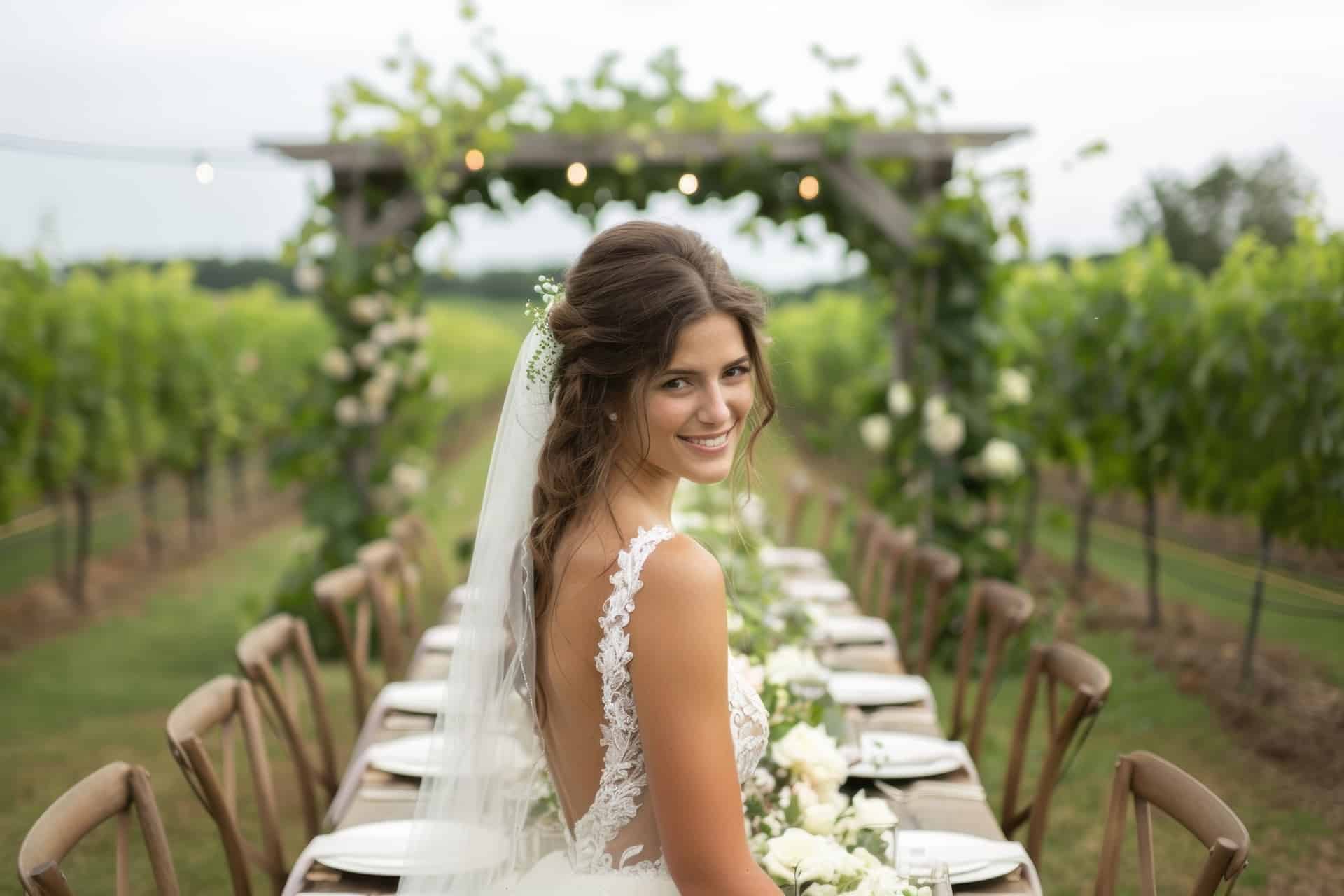 Braut an dekorierter Festtafel | Hochzeit auf dem Bauernhof