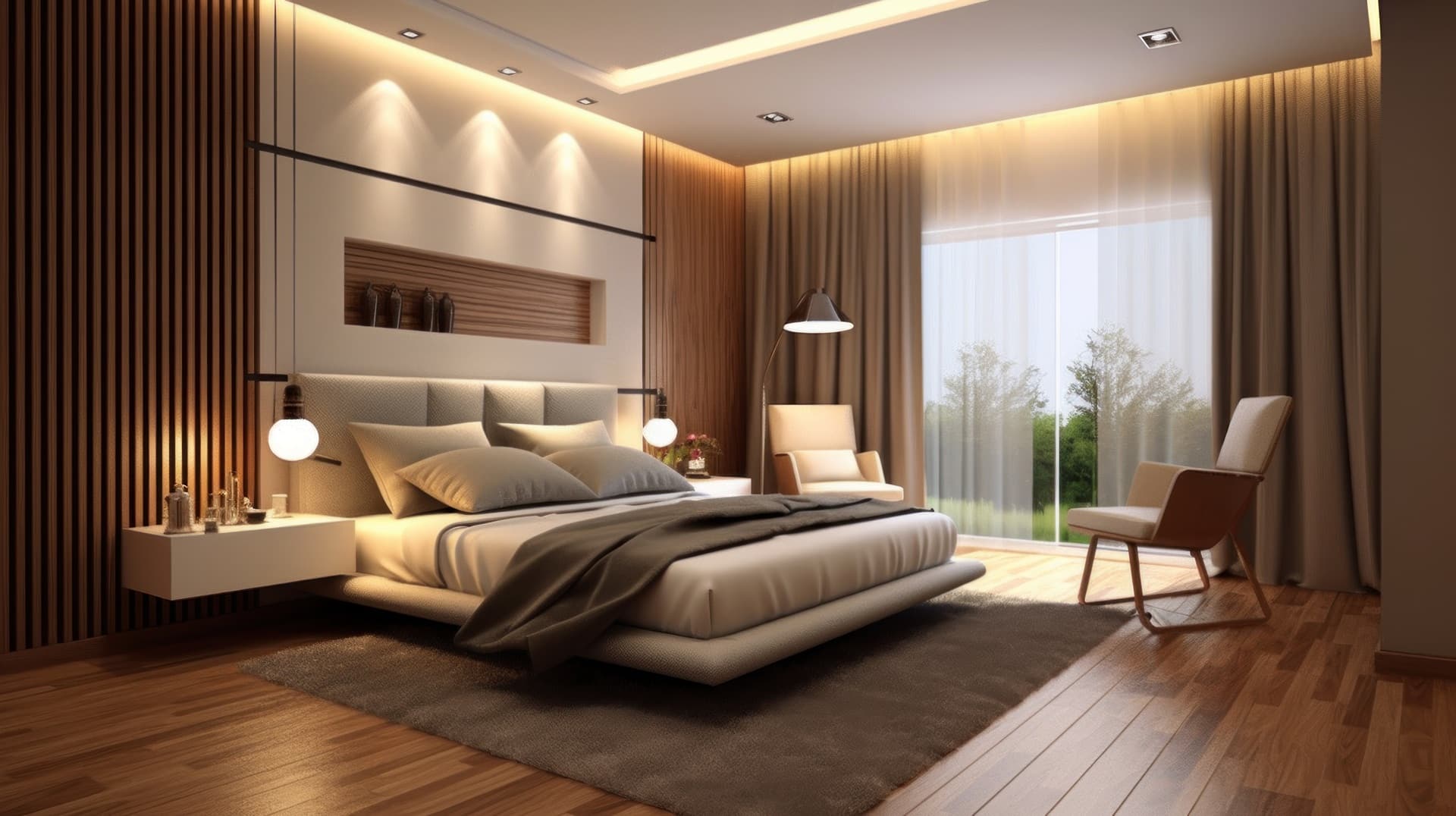 Luxuriöses Holz-Schlafzimmer mit Nachttischlampe | Nachttischlampe