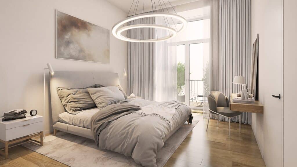 Helles minimalistisches Schlafzimmer mit Nachttischlampe | Nachttischlampe