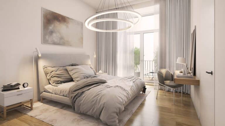 Helles minimalistisches Schlafzimmer mit Nachttischlampe | Nachttischlampe