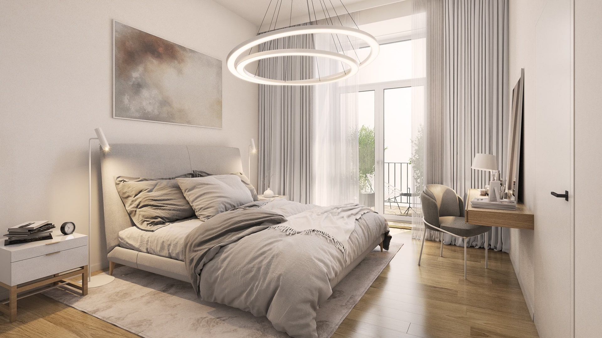 Helles minimalistisches Schlafzimmer mit Nachttischlampe | Nachttischlampe