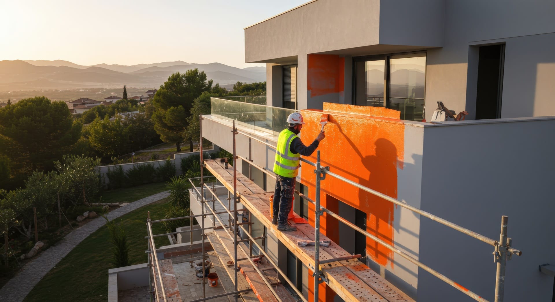 Arbeiter streicht Fassade auf Gerüst | Teleskop-Arbeitsbühne mieten